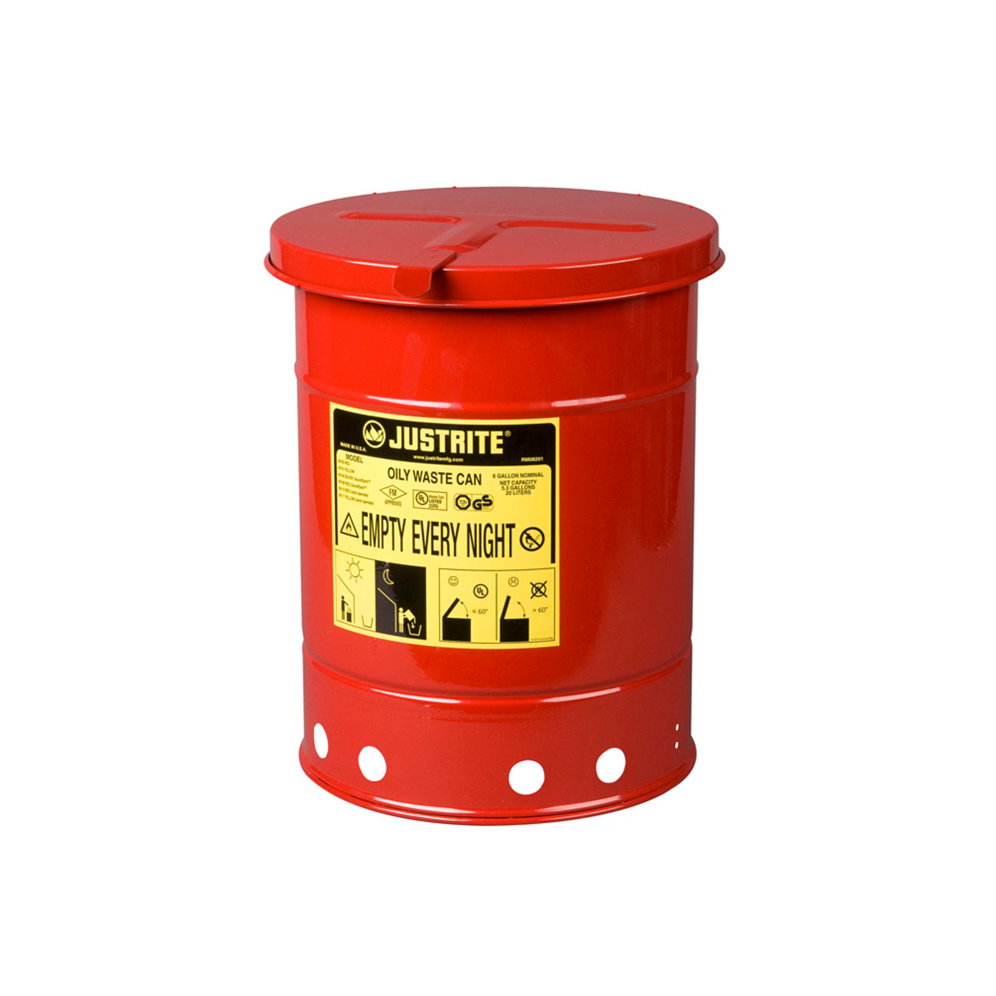 Justrite Oily Waste Can - 6 Gallon - Hand-Operated Cover - Red - 09110 ...